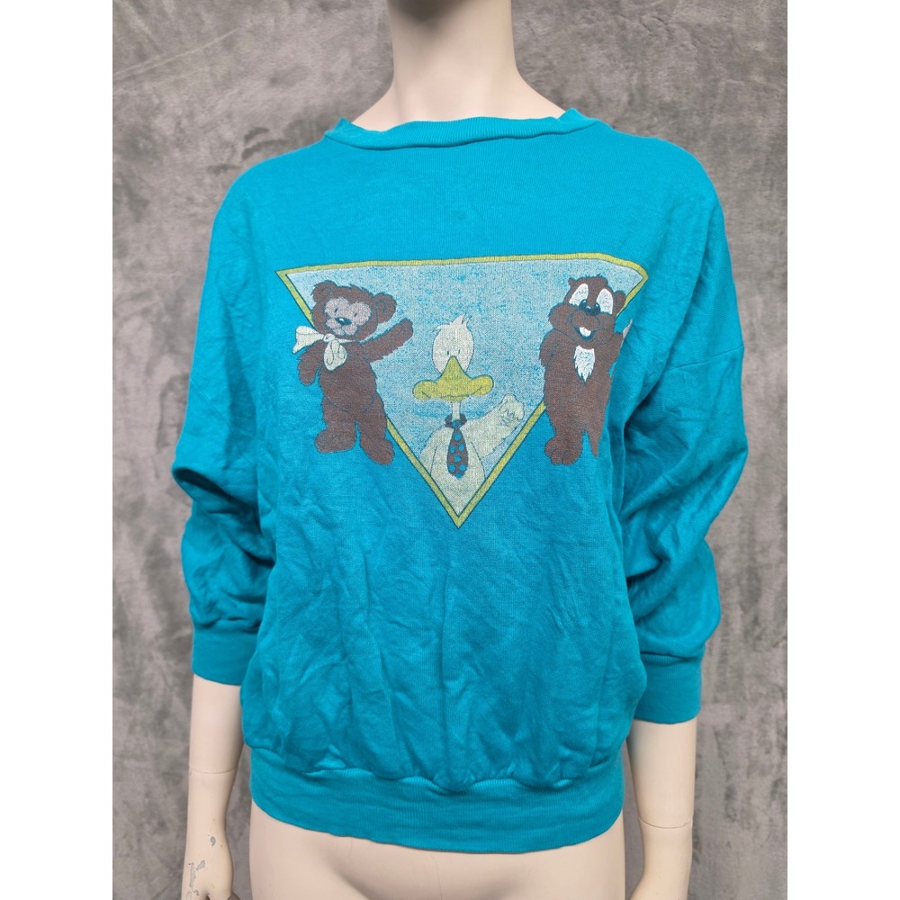 American Vintage 90s Twee Teal Graphic Sweatshirt Bears Duck Crewneck Medium USA